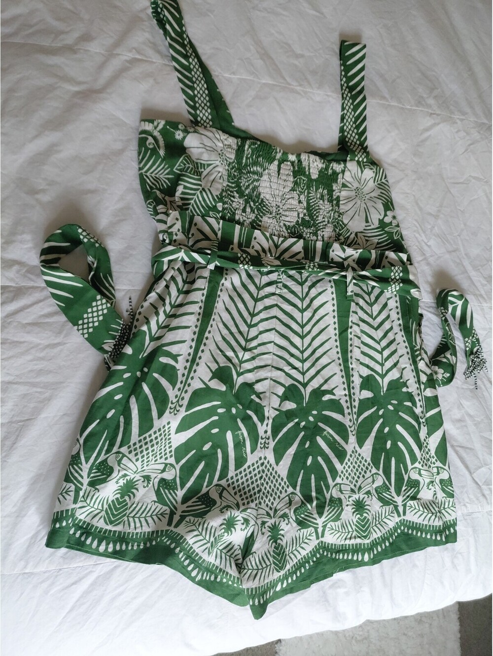 Farm Rio Macaw Elegance Women's XL Off-White Green Belted Romper Likenew #729 - Picture 8 of 12